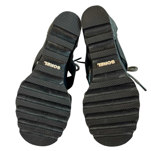 Sorel Joanie Lace Up Wedge Heel Open Toe Leather Canvas Lug Sole Sandal Black 7 - Picture 6 of 9